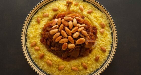 Moroccan Riviera Menu Marrakech: Chicken couscous with tfaya (caramelized onions and raisins) topped with toasted almonds on a Moroccan ceramic plate