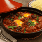 Moroccan kofta tagine with eggs in a black clay dish, meatballs in tomato sauce topped with golden yolks and fresh parsley.