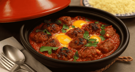 Moroccan kofta tagine with eggs in a black clay dish, meatballs in tomato sauce topped with golden yolks and fresh parsley.