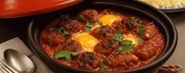 Moroccan kofta tagine with eggs in a black clay dish, meatballs in tomato sauce topped with golden yolks and fresh parsley.
