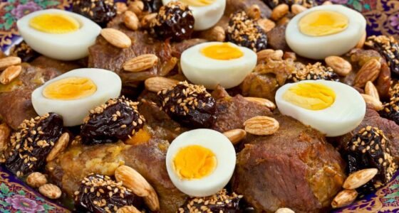 Traditional Moroccan lamb tagine with onions and raisins served in a clay pot