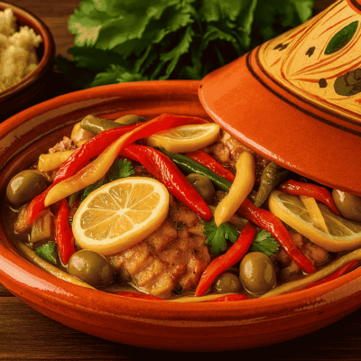 Monkfish tagine with roasted red, yellow and green peppers, preserved lemon and olives – private chef in Marrakech