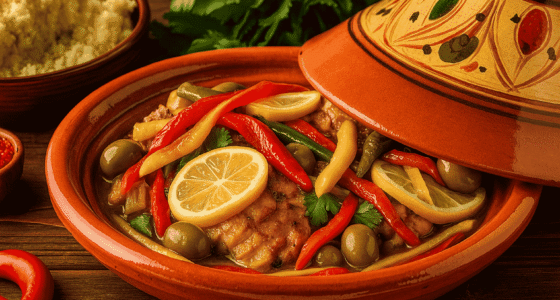 Monkfish tagine with roasted red, yellow and green peppers, preserved lemon and olives – private chef in Marrakech