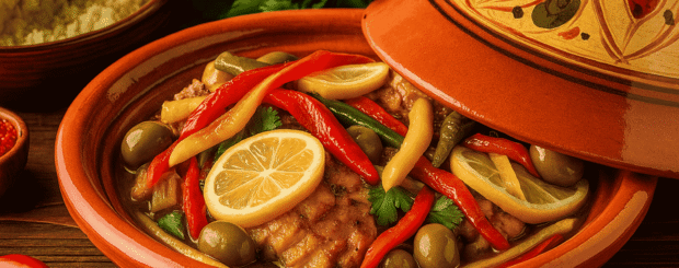 Monkfish tagine with roasted red, yellow and green peppers, preserved lemon and olives – private chef in Marrakech