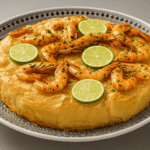 White fish and spinach pastilla with shrimp and lime slices served on a traditional Moroccan plate