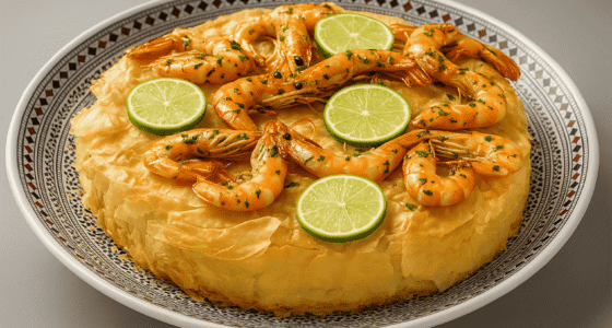 White fish and spinach pastilla with shrimp and lime slices served on a traditional Moroccan plate