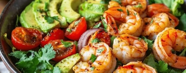 Avocado guacamole salad with chili shrimp by Chef Marrakech — fresh Moroccan-inspired starter served with lime, coriander, and cherry tomatoes.